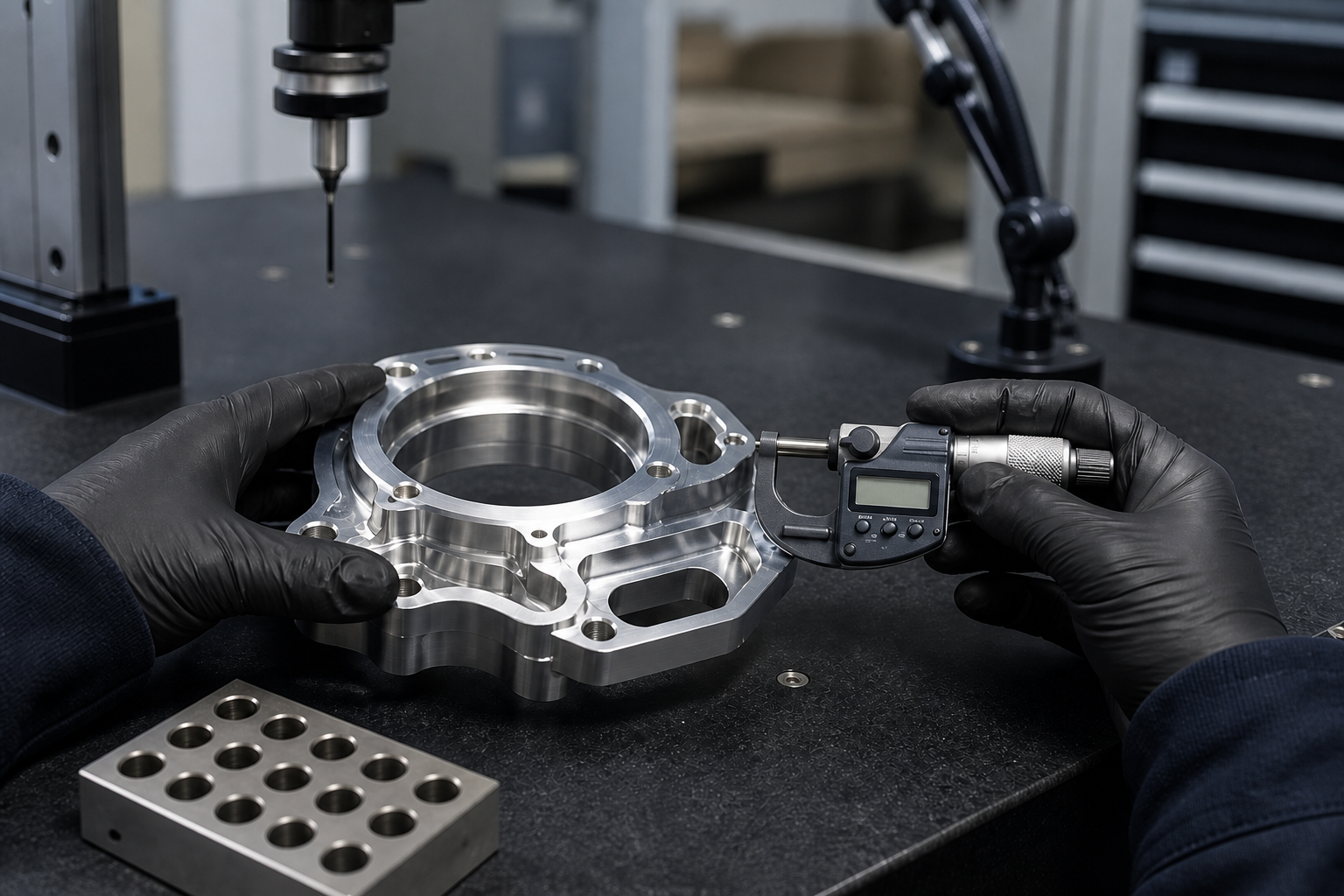 Hassas ölçüm cihazıyla kalite kontrolü yapılan CNC parçası